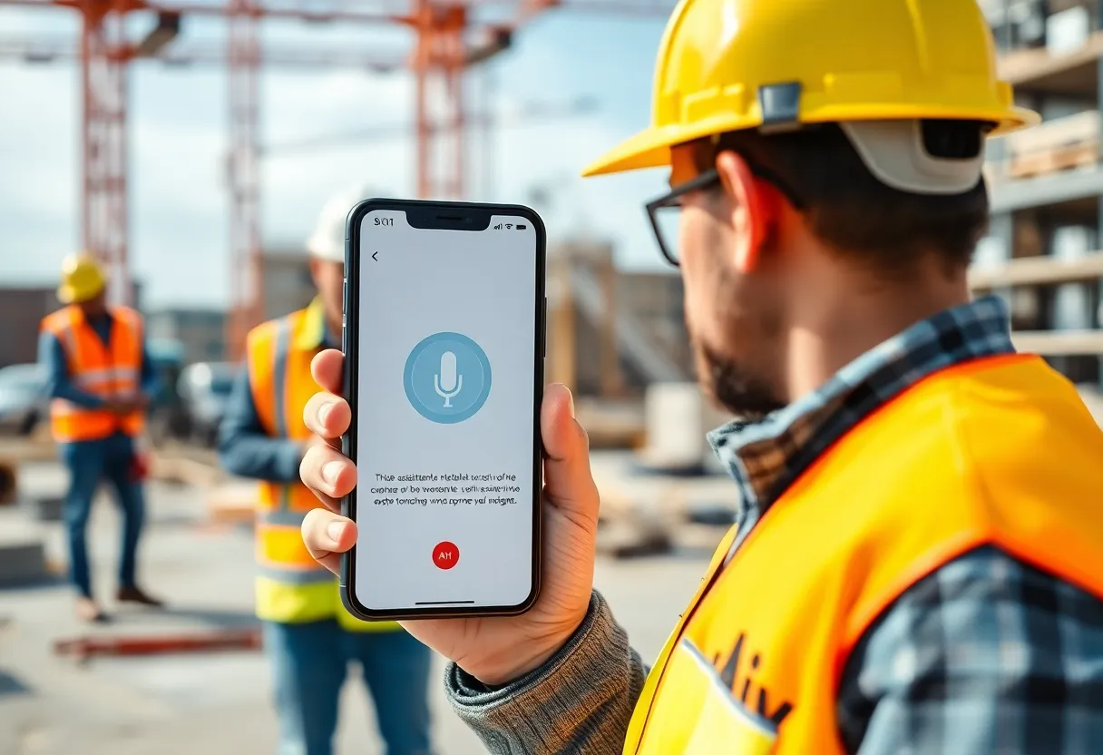 Construction workers using an AI voice assistant on a smartphone on a construction site.