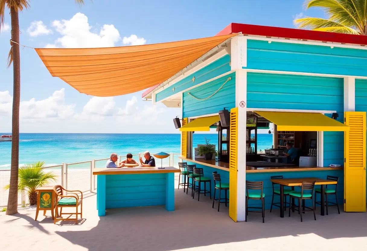 The newly constructed Beach Bar at Fort Myers Beach with outdoor seating and ocean view.