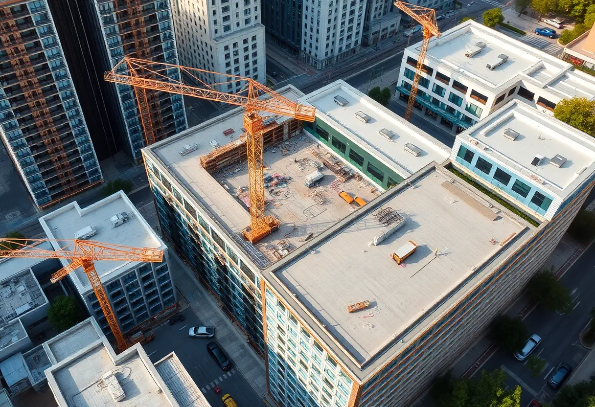 Aerial view of the Fields West construction site in Frisco