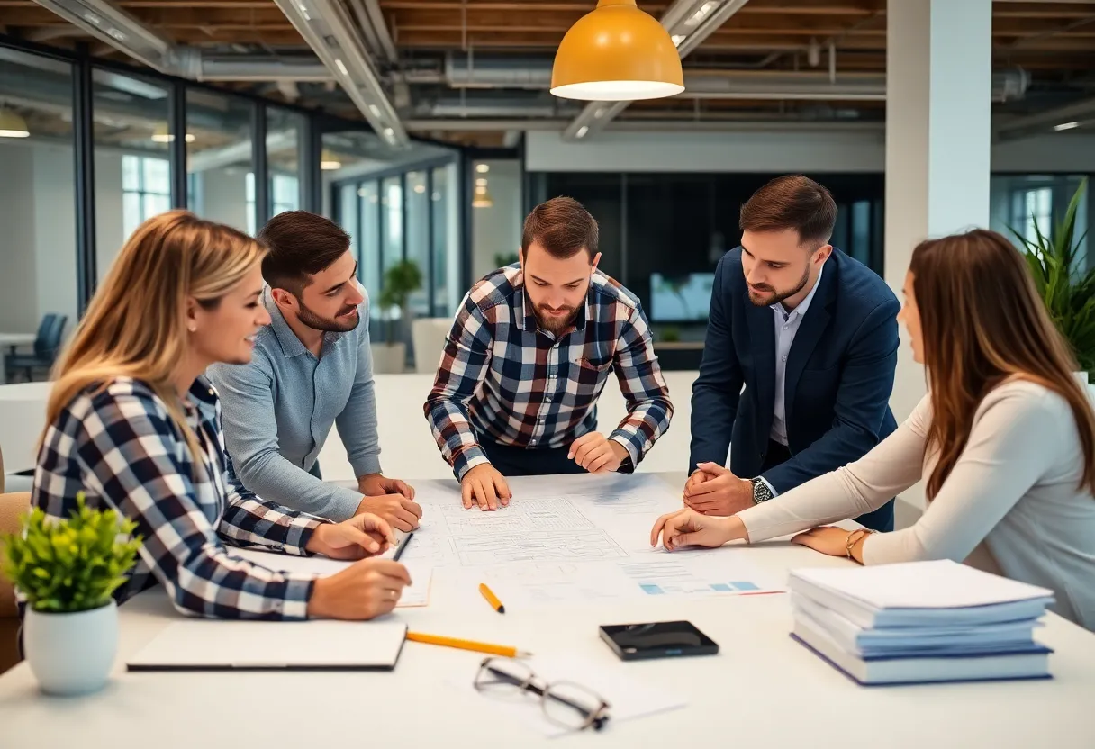 Team collaborating in an office using construction software
