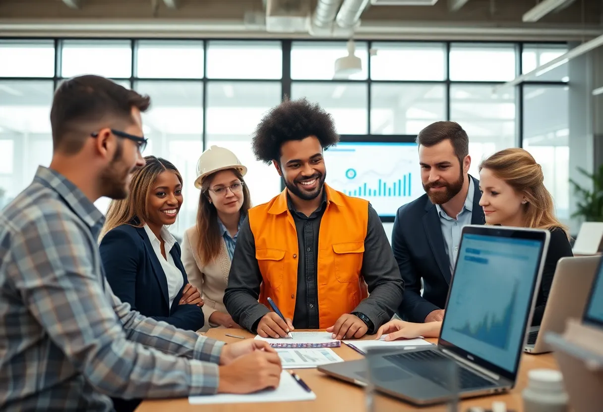 Team collaborating on construction management software