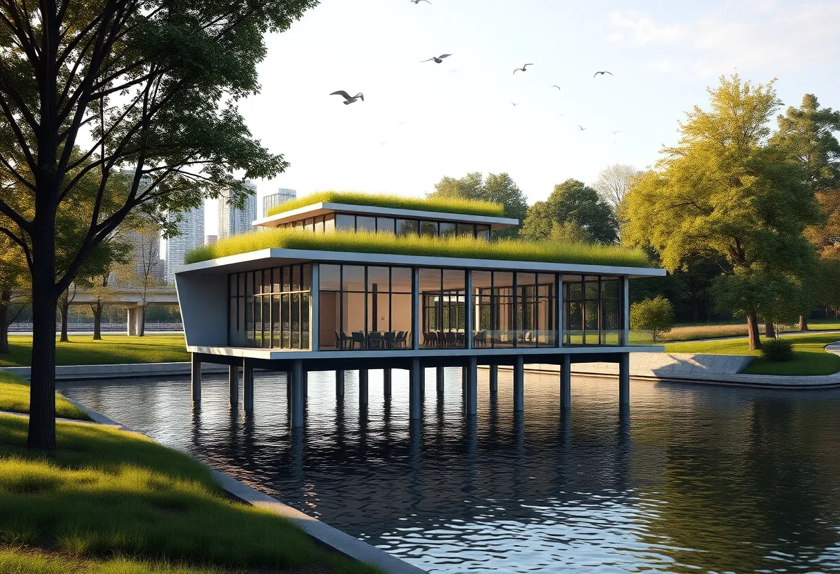 Elevated dockhouse on columns with green roof beside river and trees