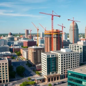 Construction site in Columbus, Ohio shows apartment buildings being erected.