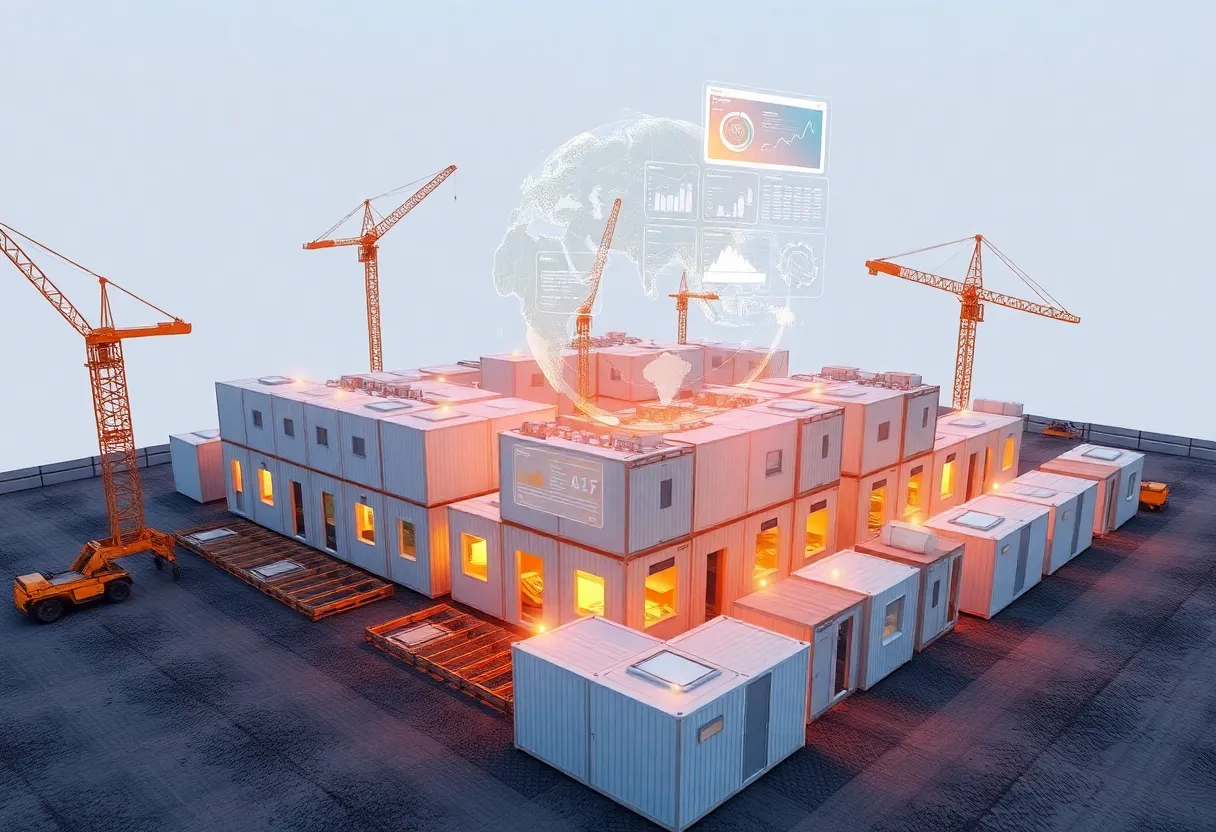 Digital twin interface overlaying 3D models of relocatable modular buildings at a construction site