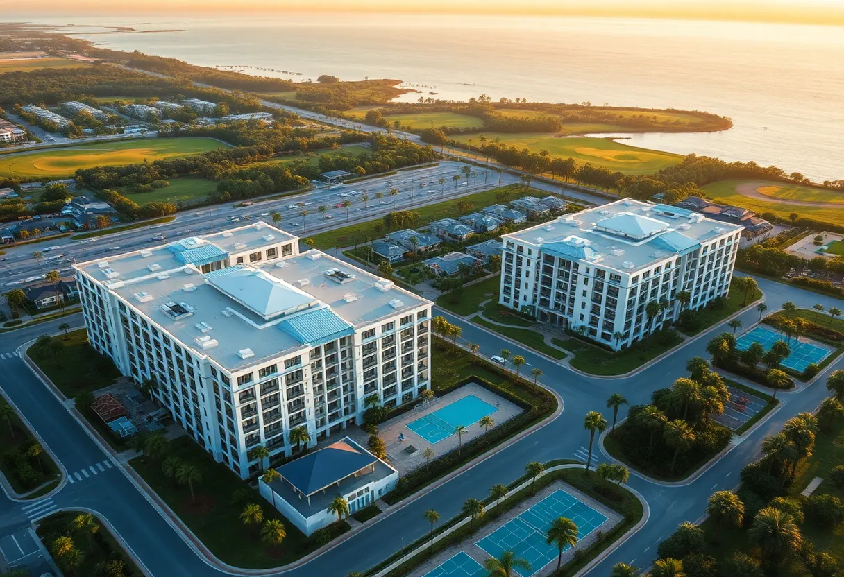 Aerial view of two modern apartment complexes under construction near a golf course and regional park in Naples, Florida, with pools and landscaped grounds.