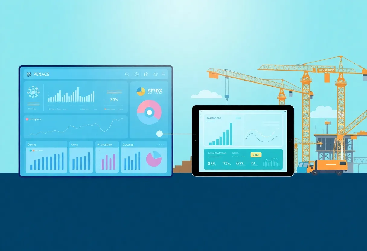 Dashboard and construction site linked by cloud data flow illustrating capital planning and execution integration