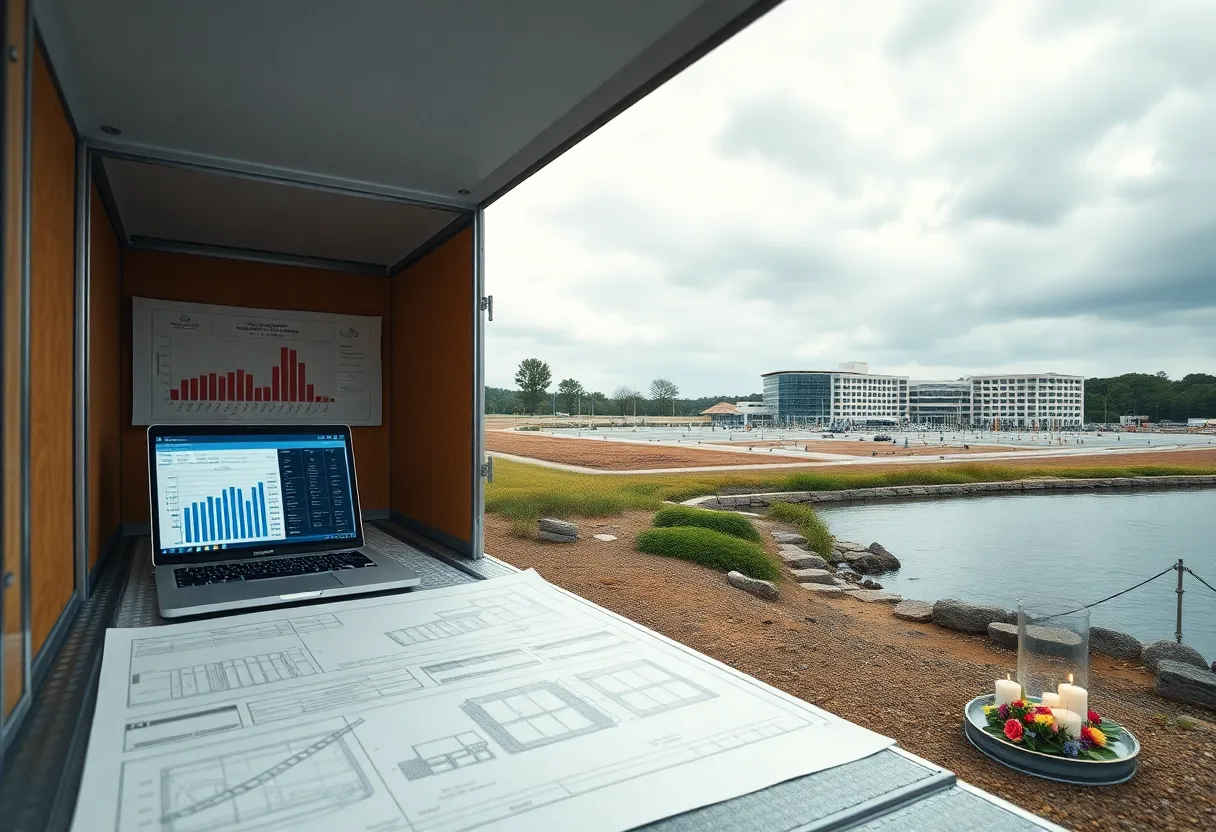 Construction trailer with blueprints and job costing dashboard, SouthPark Mall hotel parcel, and lakeside memorial with flowers