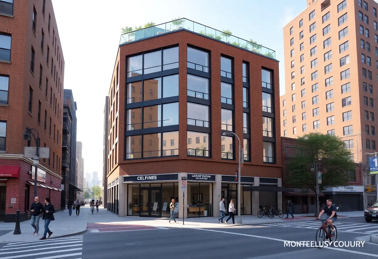 Rendering of six-story mixed-use building at 37-20 Crescent St with ground-floor retail and rooftop amenities
