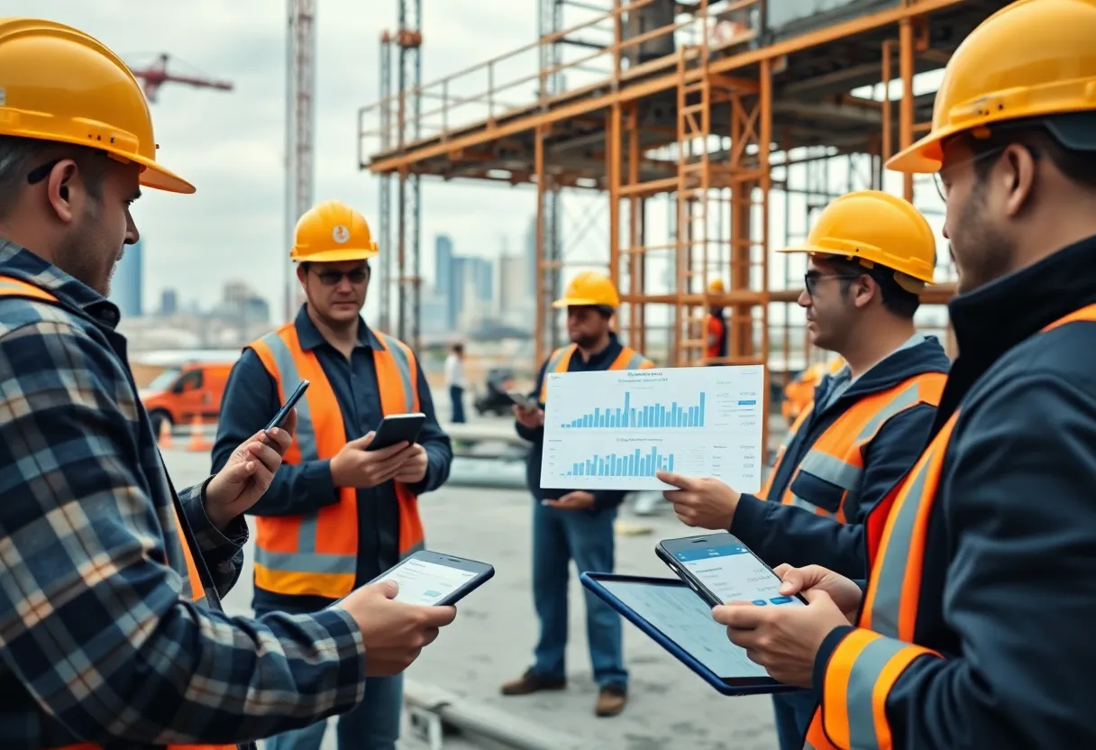 Construction crew using tablets to manage expenses, cards, and receipts with digital dashboard overlays