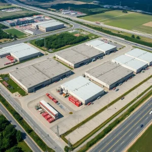Aerial view of the Central 9 Logistics Park showcasing warehouses and transportation routes.