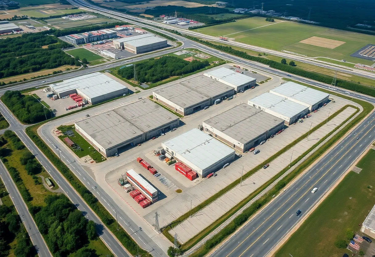 Aerial view of the Central 9 Logistics Park showcasing warehouses and transportation routes.