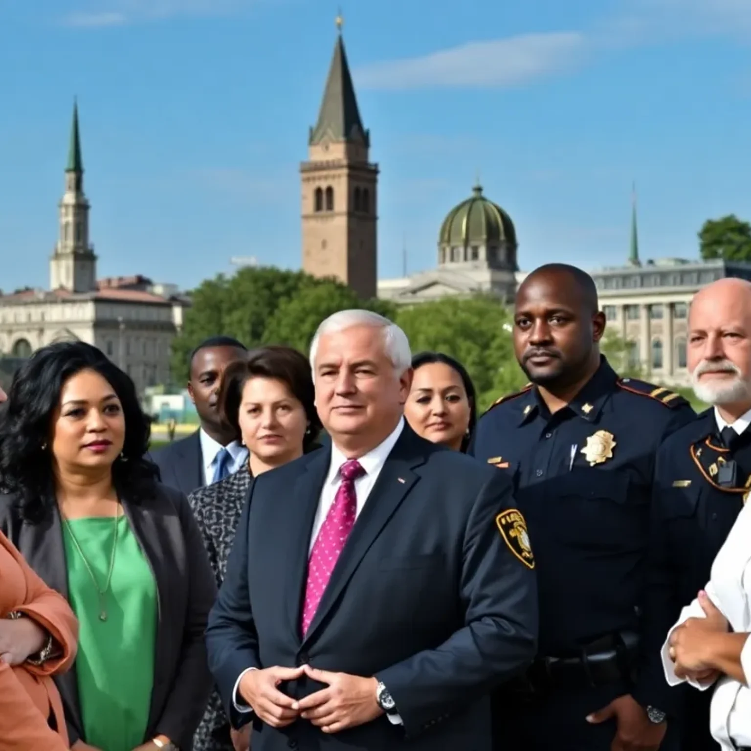 A group of diverse individuals engaged in a conversation about community trust.