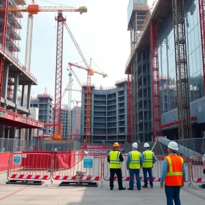 Construction workers at American Dream Mall with cranes and safety gear