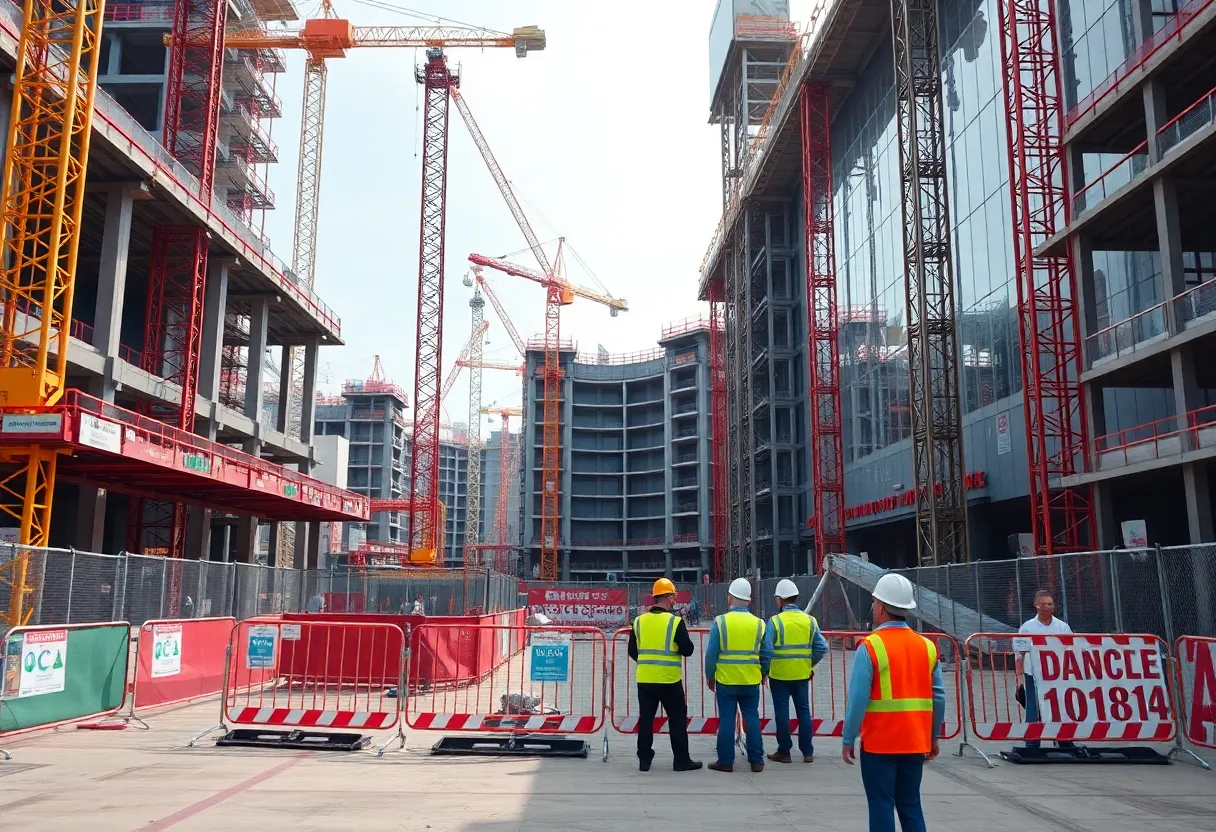 Construction workers at American Dream Mall with cranes and safety gear
