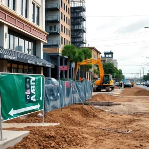 Construction site preparing for potential commercial expansion near Mexiquila restaurant.
