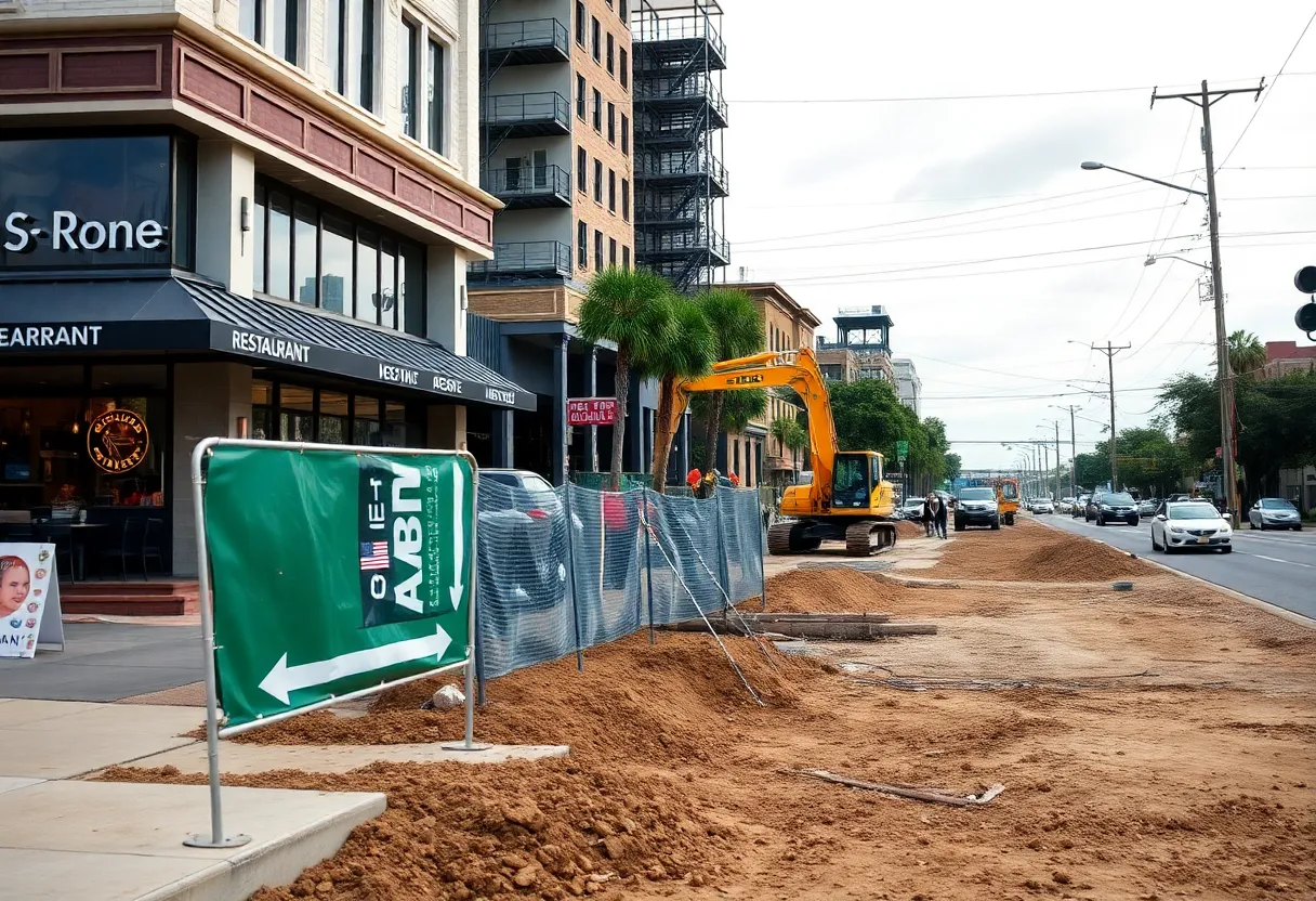 Construction site preparing for potential commercial expansion near Mexiquila restaurant.