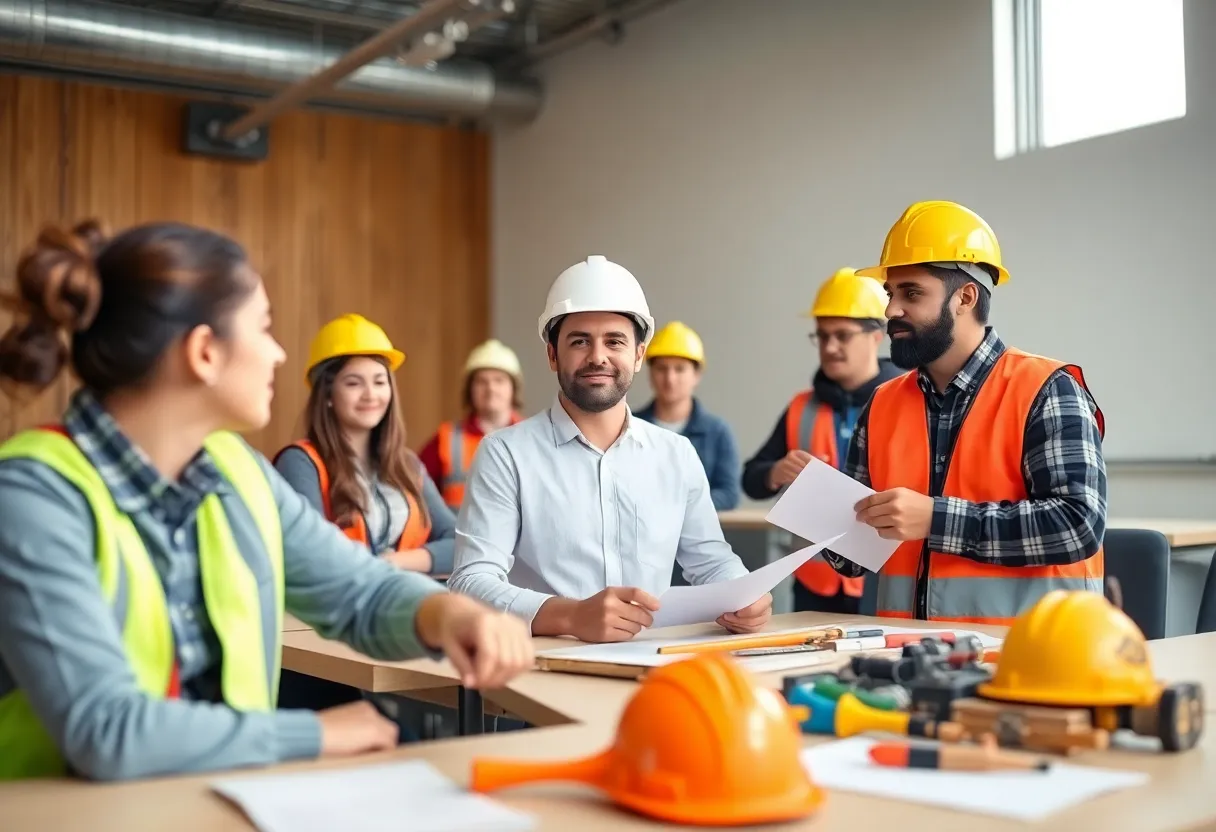 Students participating in a construction training session