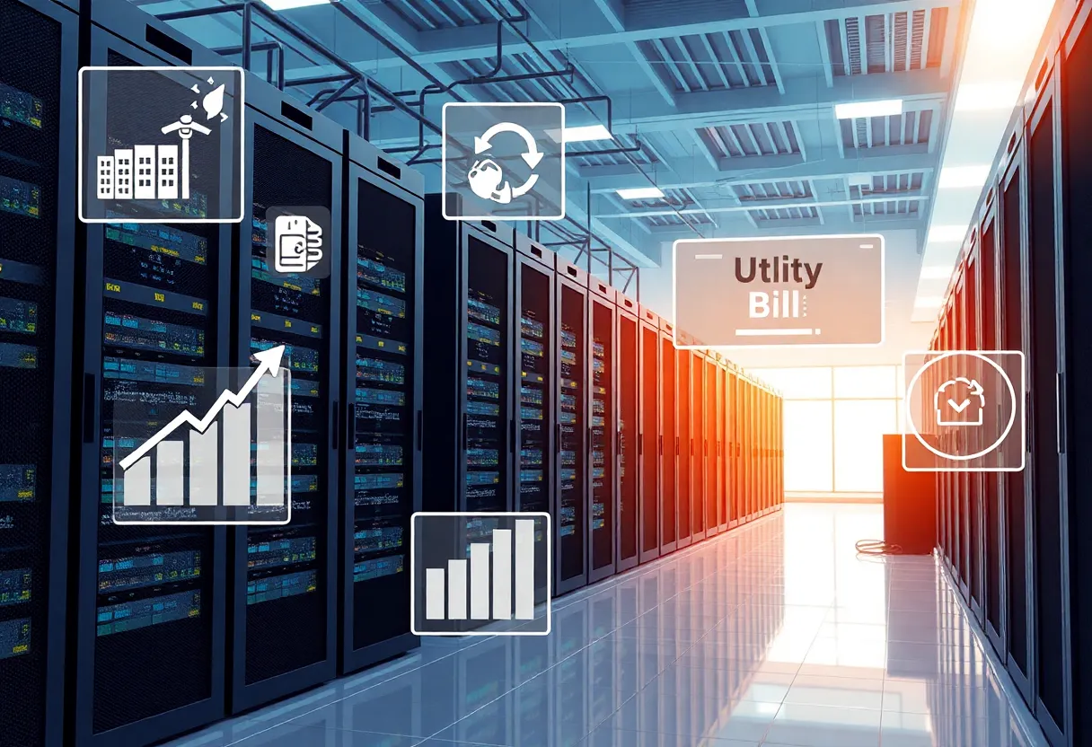 An illustration depicting a data center with energy cost graphs.