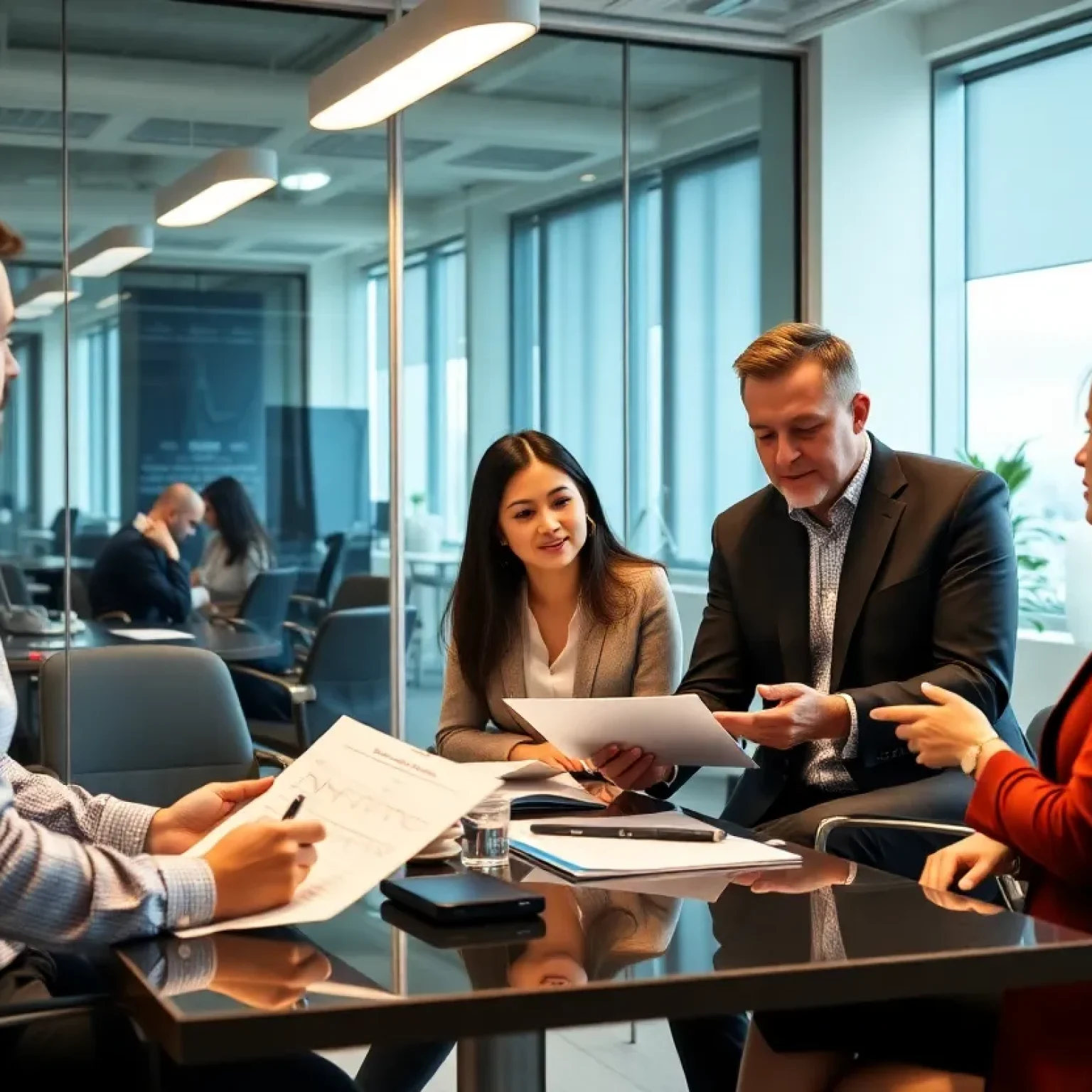 Financial advisors discussing investment strategies in an office