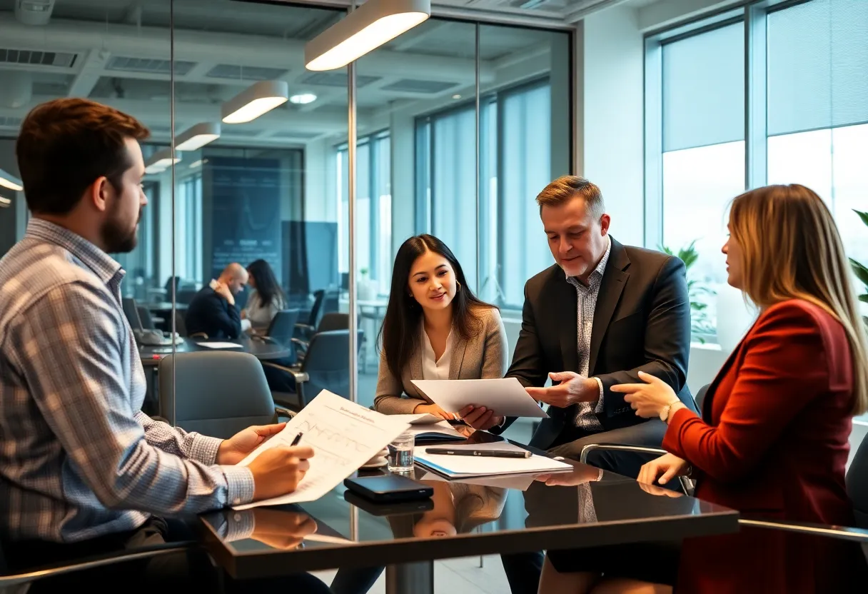 Financial advisors discussing investment strategies in an office