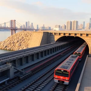 Illustration of the Gateway Hudson Tunnel project showcasing trains and infrastructure connectivity.