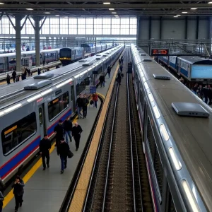 A transportation hub in New Jersey with trains and commuters, representing the Gateway Project.