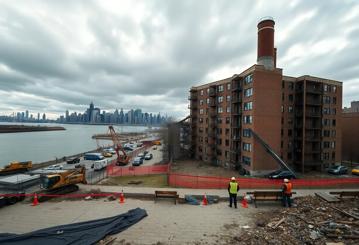 Idled tunnel construction cranes near the Hudson with a Bronx high-rise showing a collapsed brick chimney cordoned off