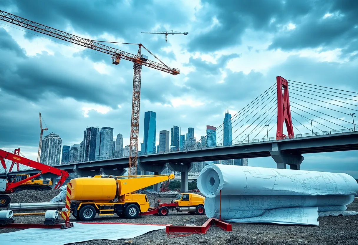 Construction site featuring infrastructure equipment and plans for the Gateway Tunnel