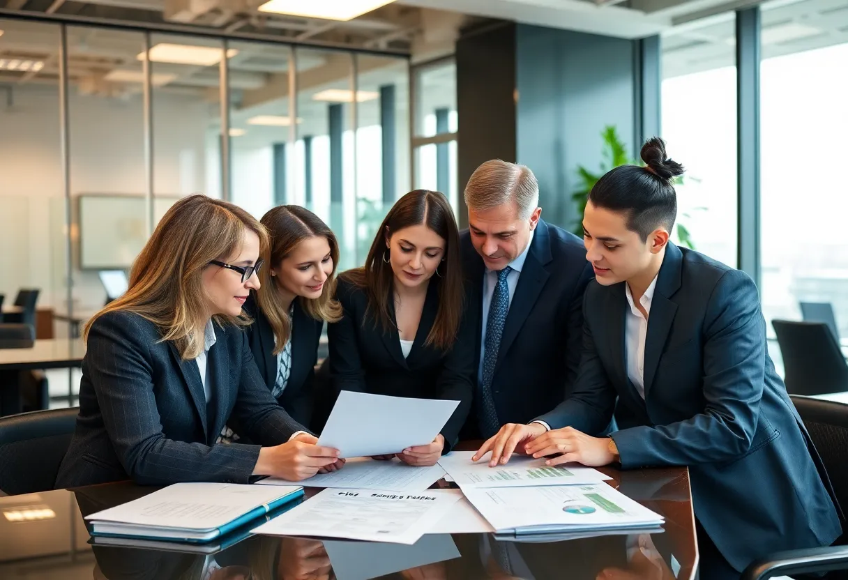 Law professionals collaborating in an office.