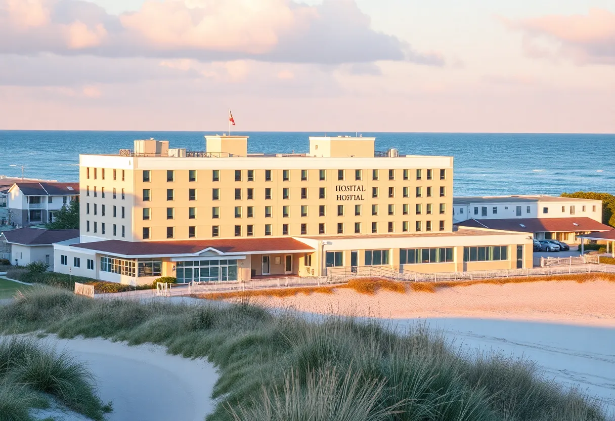 Coastal New Jersey hospital with beach view highlighting healthcare access