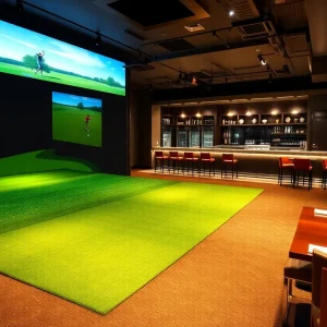 Concept of an indoor golf simulator with a bar and restaurant setting