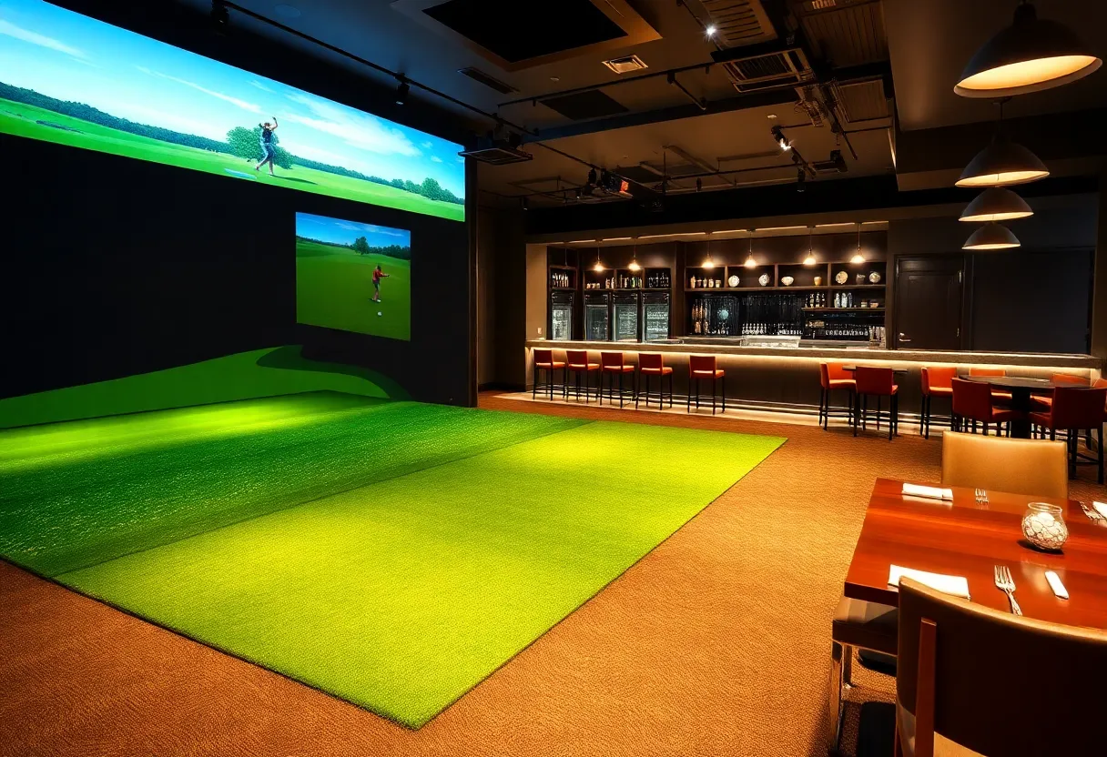 Concept of an indoor golf simulator with a bar and restaurant setting