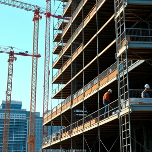 Construction site in Jersey City with workers and cranes