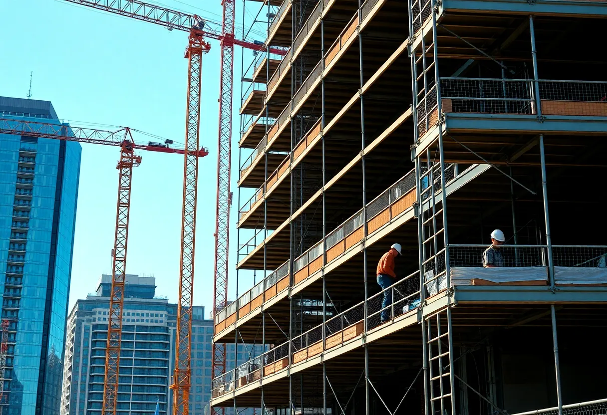 Construction site in Jersey City with workers and cranes