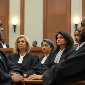 Judges in a courtroom discussing the implications of judicial privacy laws.