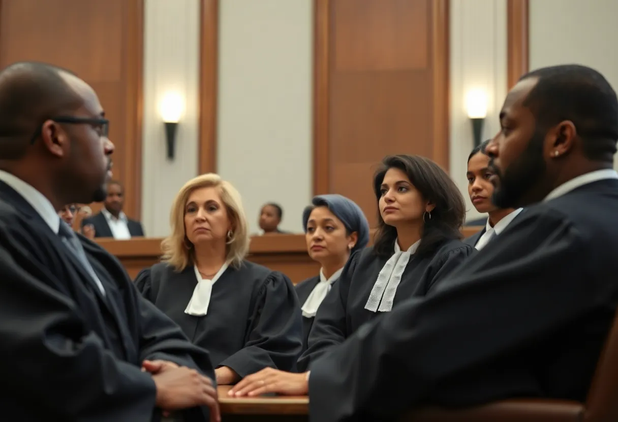 Judges in a courtroom discussing the implications of judicial privacy laws.