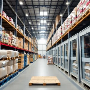 Interior of a cold storage warehouse in New Jersey with organized pallets and refrigeration units.