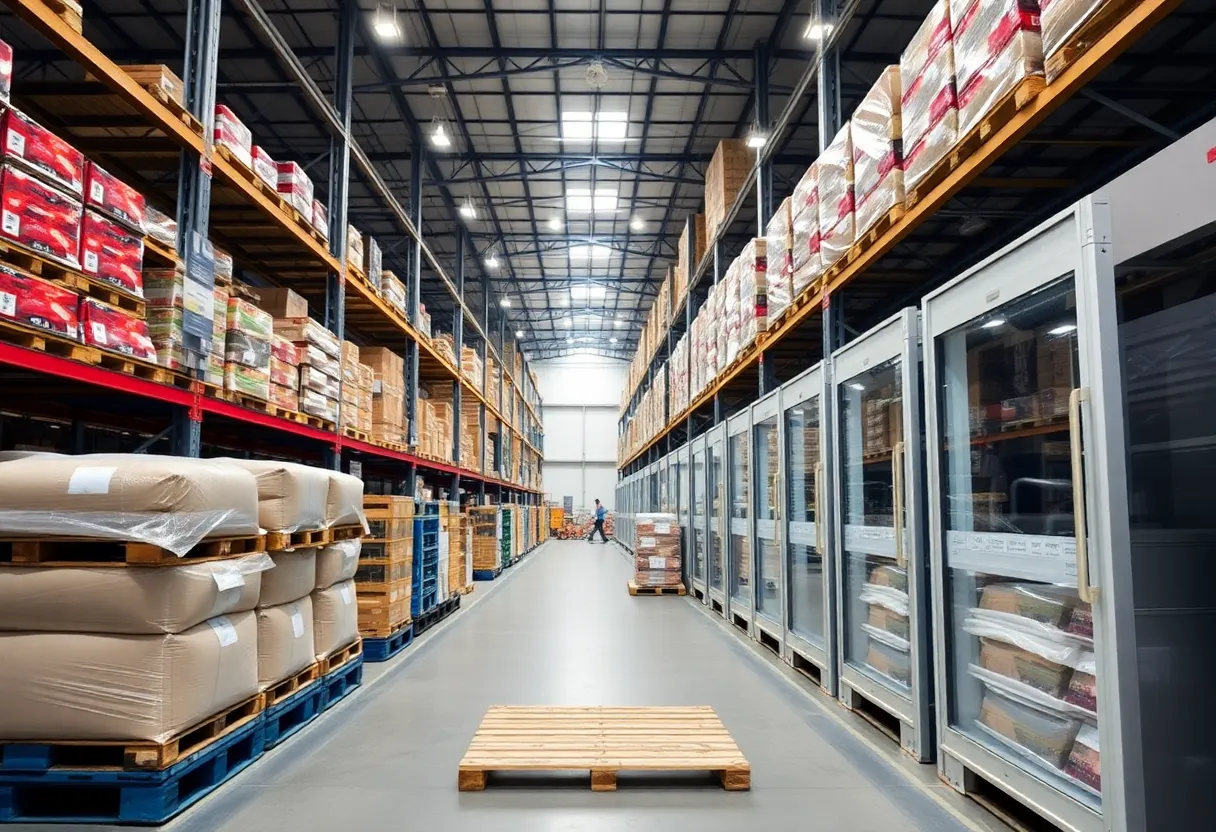 Interior of a cold storage warehouse in New Jersey with organized pallets and refrigeration units.
