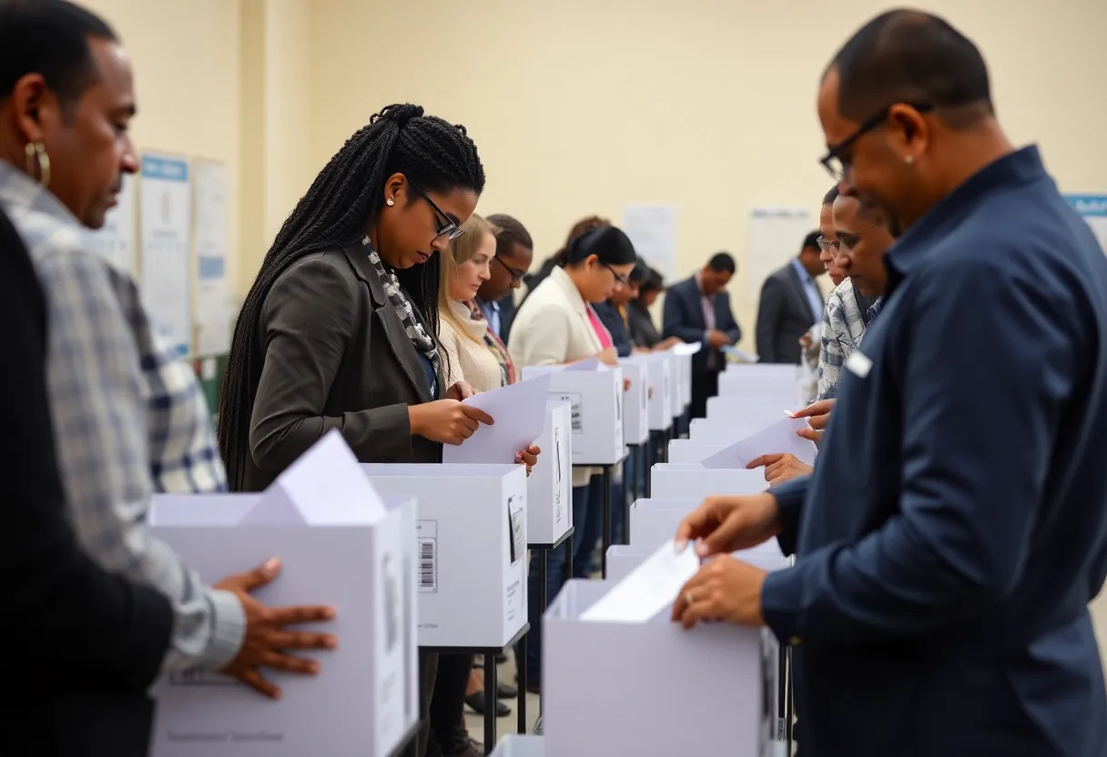 Voters participating in New Jersey elections at a polling station.