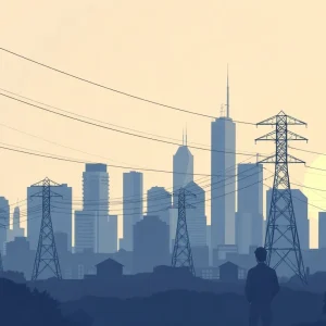 City skyline with power lines symbolizing rising electricity costs.