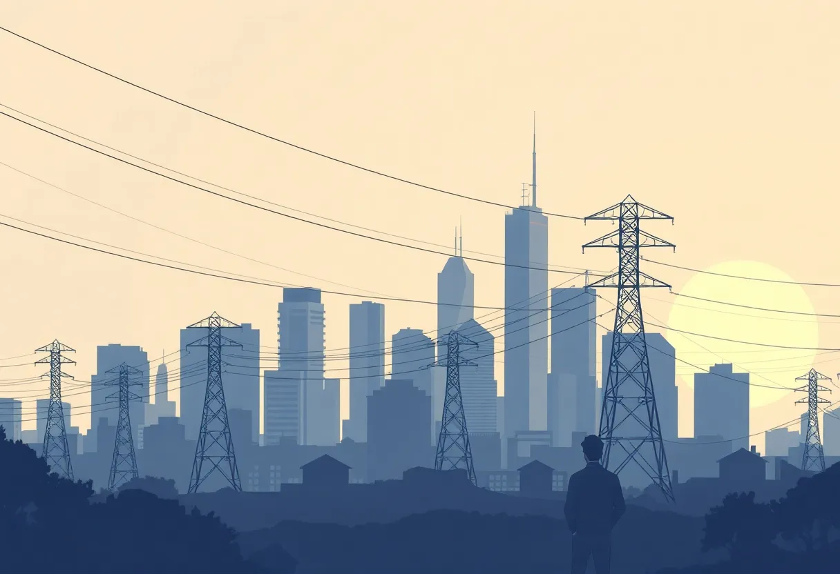 City skyline with power lines symbolizing rising electricity costs.