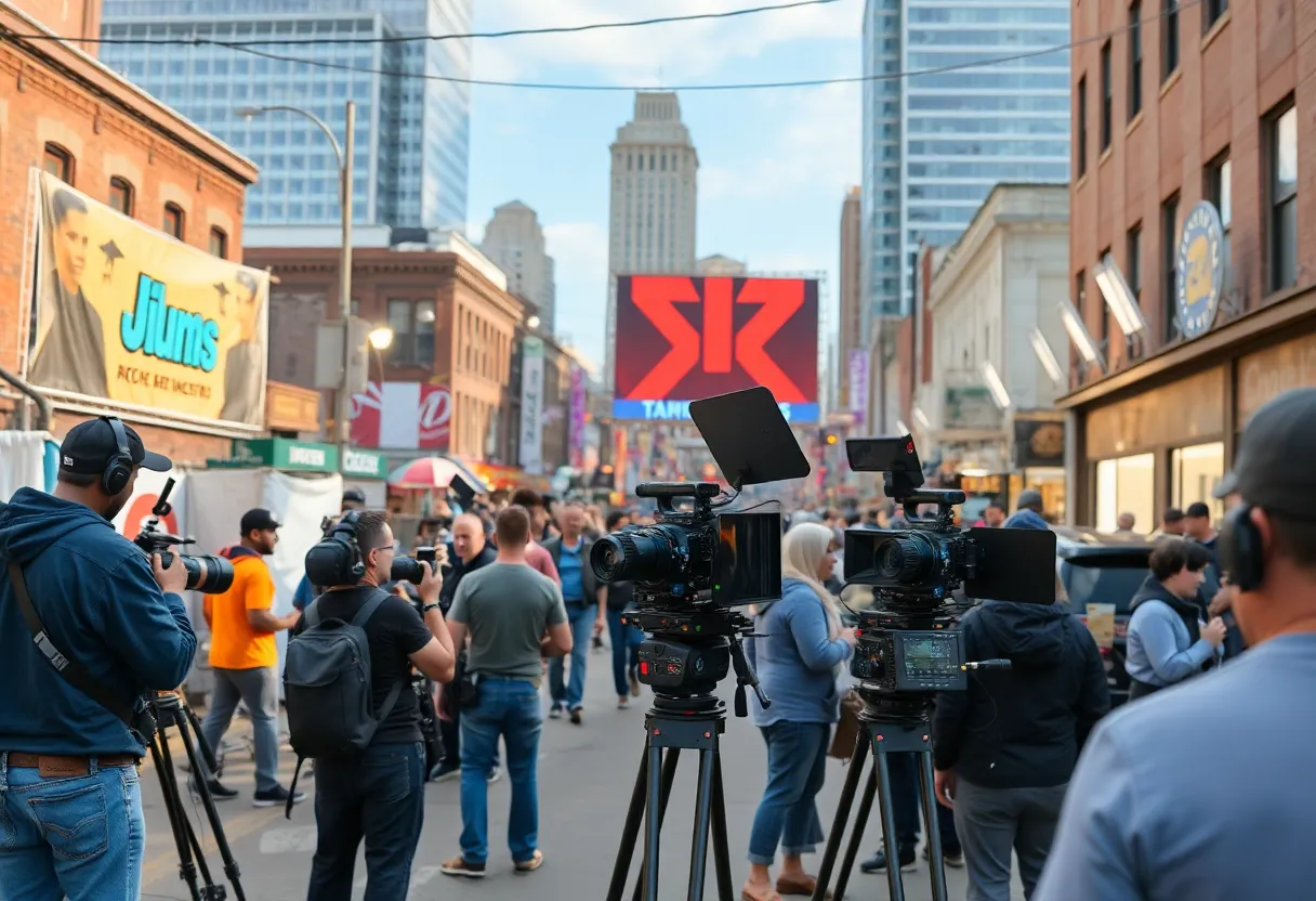 Film crew working on a movie set in New Jersey