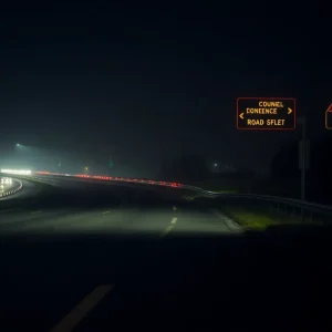 Nighttime highway with caution signs emphasizing road safety