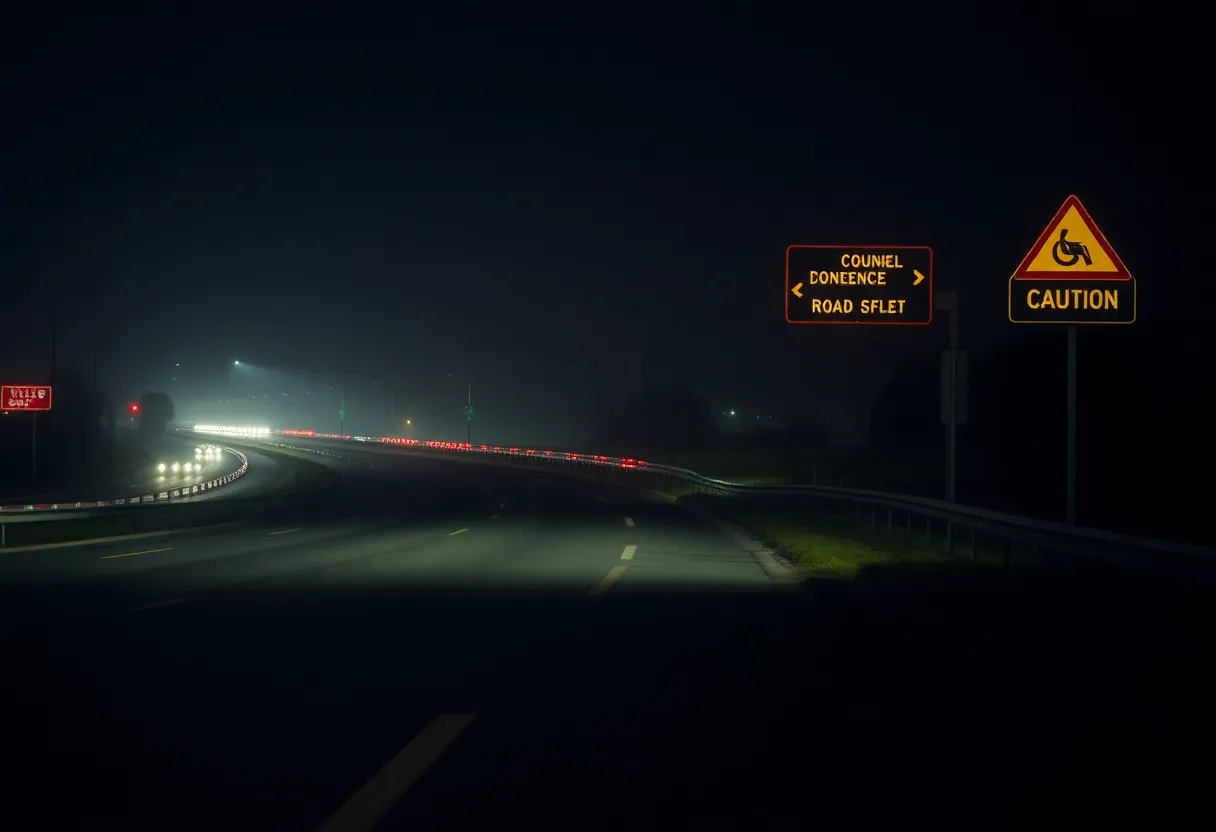Nighttime highway with caution signs emphasizing road safety