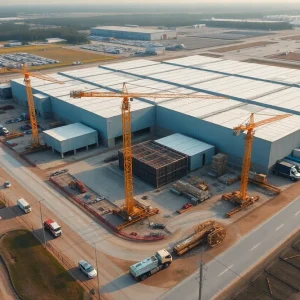 Construction of New Jersey industrial park with cranes and workers.