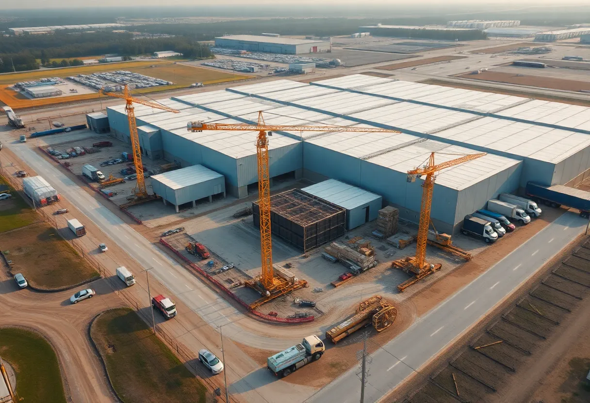 Construction of New Jersey industrial park with cranes and workers.