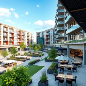 New Jersey mall with luxury apartments and outdoor dining areas