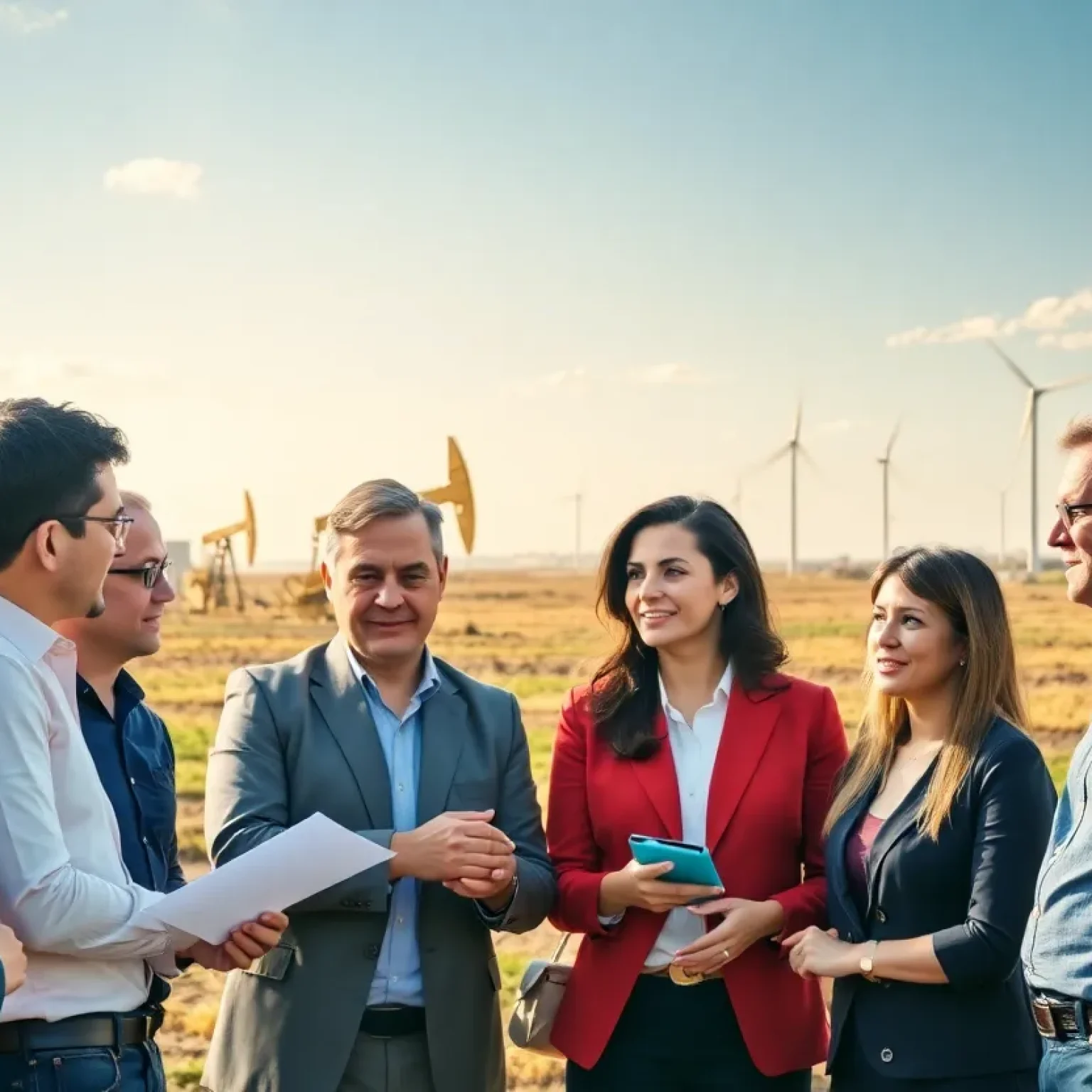 Professionals discussing energy investments at an oilfield.