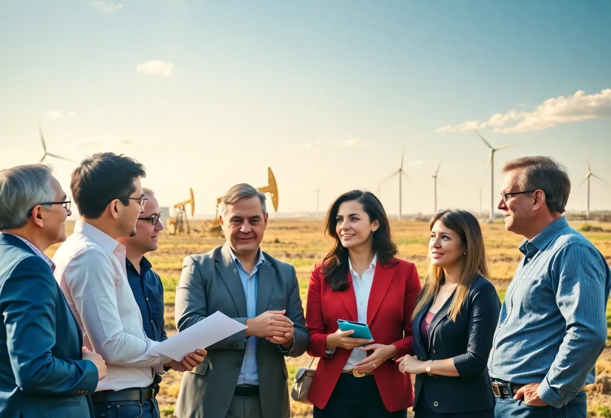 Professionals discussing energy investments at an oilfield.