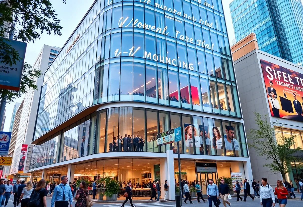 Modern office building in New Jersey with professionals working